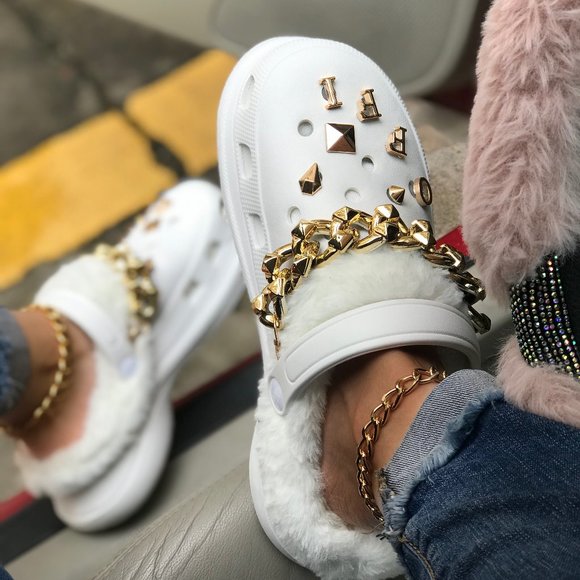 Bling White Woman Fur Crocs Shoes - Picture 1 of 4